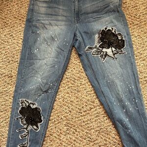 Denim 24/7 18W Women's Blue Denim Jeans with Black Floral Appliqués